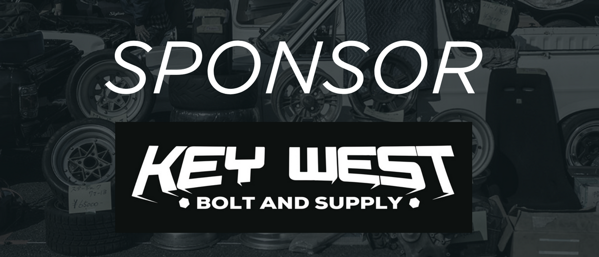 A promotional graphic with the word 'SPONSOR' in large white letters above a black rectangular logo reading 'KEY WEST BOLT AND SUPPLY' on a dark, blurred background.