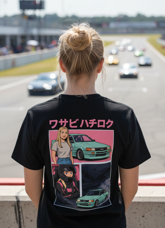 Back view of a person wearing a WASABI 86 Tee featuring cartoon design and katakana lettering at a drifting event.