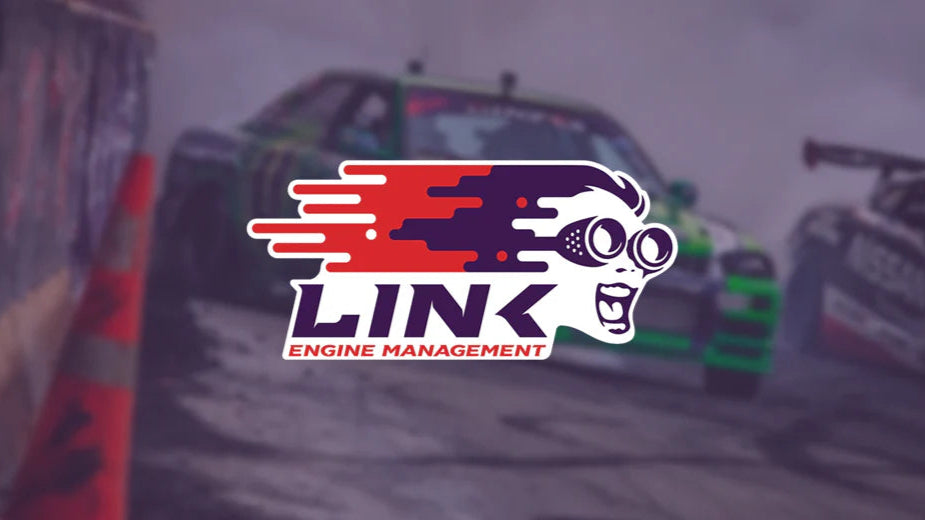 Logo of LINK Engine Management with race cars in the background