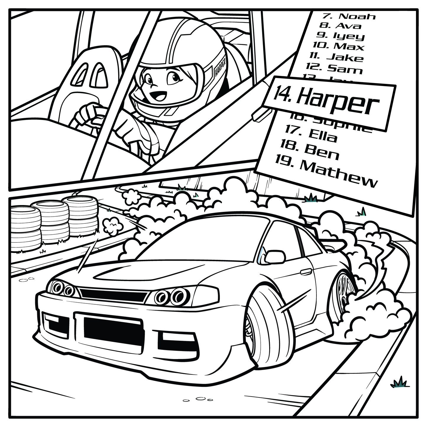Color Me Sideways! More than 25 Drift-Themed Coloring Pages (Instant Download!)
